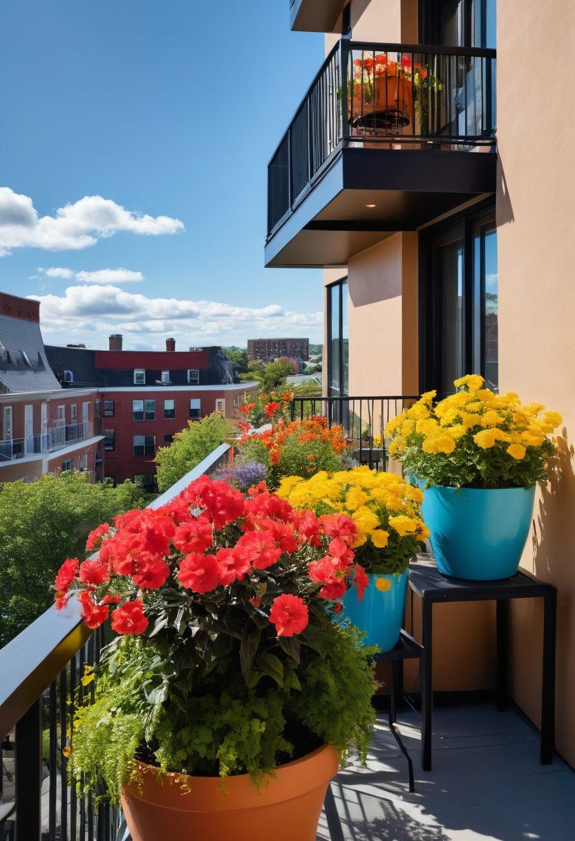 A sunlit balcony adorned with colorful potted plants overlooking a vibrant community in Somerville, featuring stylish condos with modern architecture. People of diverse backgrounds enjoying a lively conversation and laughter, embracing the joy of condo living. Soft clouds and a blue sky complete the serene yet energetic atmosphere. super-realistic. vibrant colors.