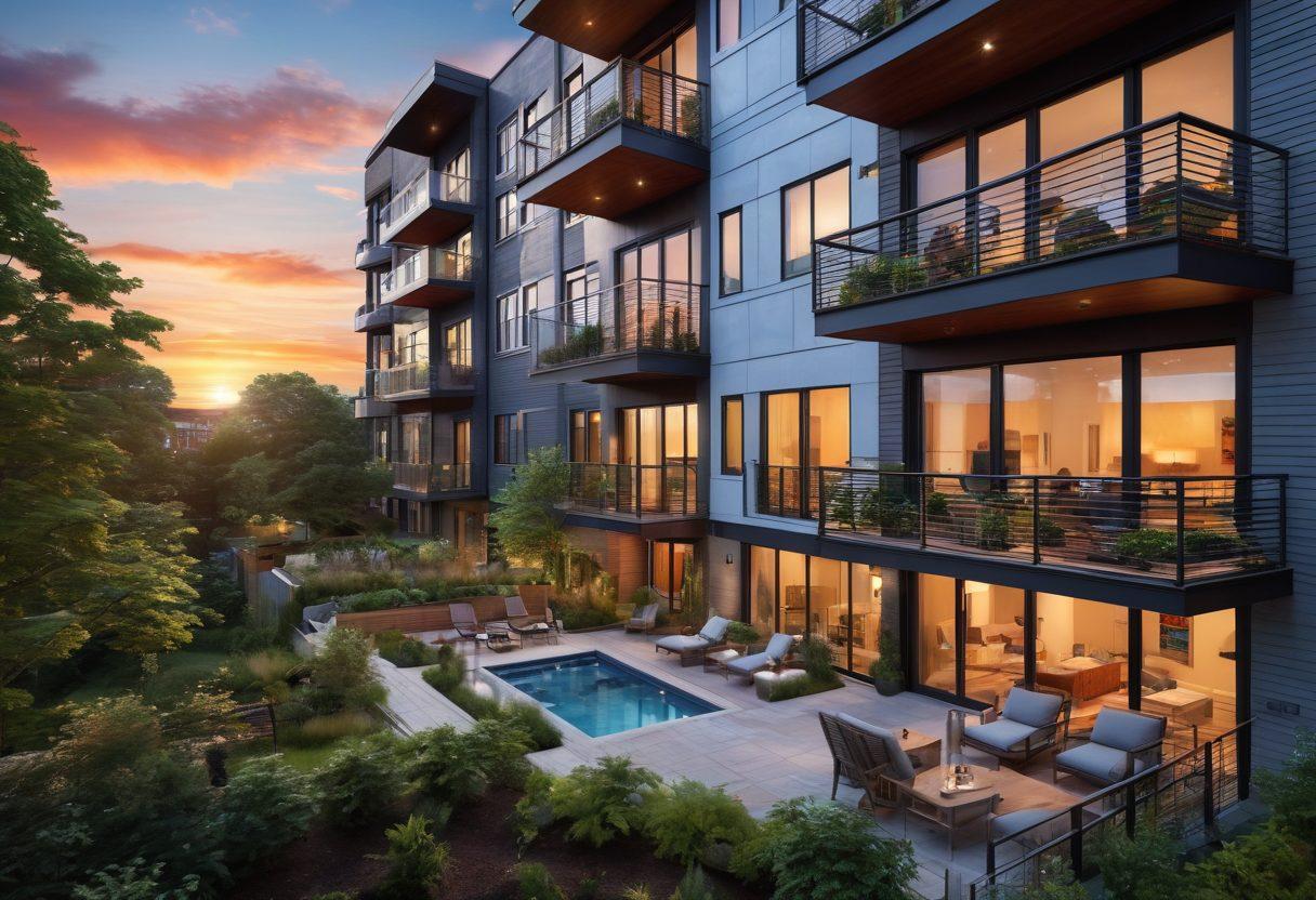 A breathtaking view of luxurious condos in Somerville, with lush greenery and vibrant community life around them. Showcase people engaging in activities like yoga, gardening, and socializing in beautifully designed outdoor spaces. Include modern architecture with elegant balconies and large windows, reflecting a vibrant sunset sky. Emphasize a sense of happiness and community. super-realistic. vibrant colors. sunset background.