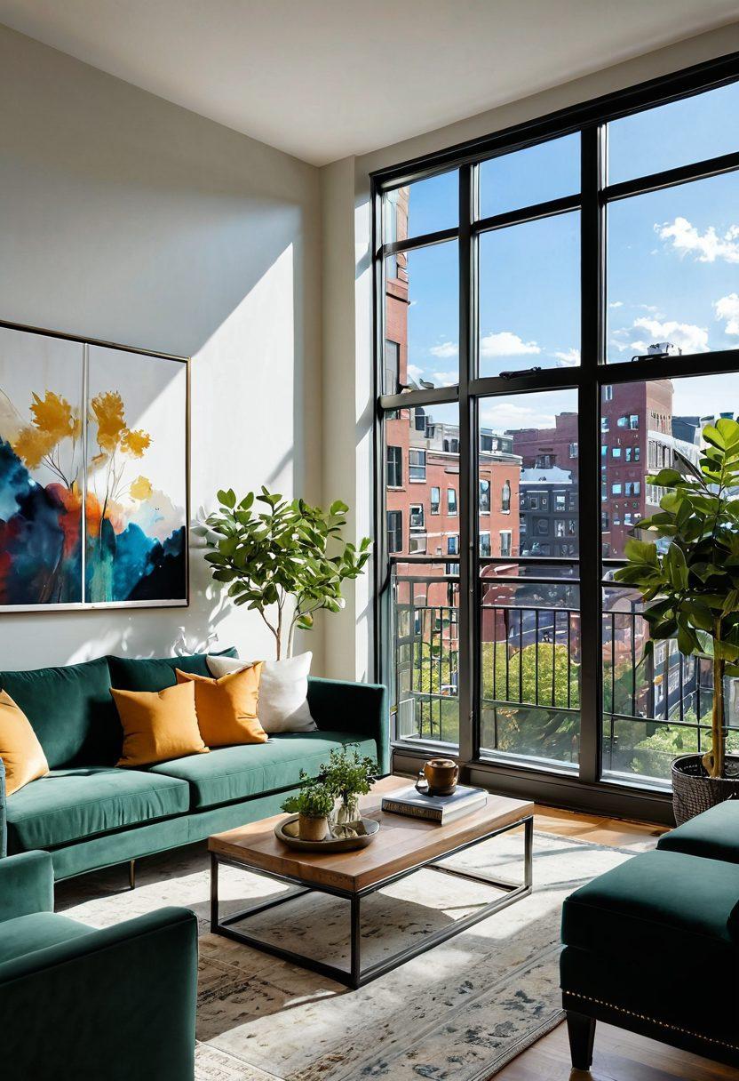 A luxurious condo interior in Somerville filled with natural light, featuring elegant furniture, lush greenery, and sophisticated decor. Outside the large windows, a vibrant cityscape showcases the beauty of urban living with parks and art installations. A cozy reading nook near an expansive balcony hints at a joyful lifestyle. Capture the essence of modern luxury living. super-realistic. vibrant colors. airy atmosphere.